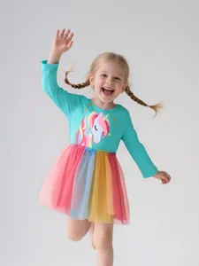 Robe en Mesh Arc-en-ciel Licorne pour Filles Manches Longues Top en Tricot de Coton Princesse Tulle Patchwork Tenue Automne