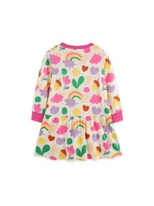 Girls Cartoon Print Long Sleeve Dress Cotton Rainbow Cloud Pattern Princess Dress For Kids Autumn Spring Casual Clothing