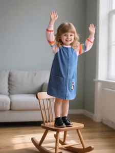 Girls Embroidered Cotton Denim Dress Long Sleeve Rainbow Patchwork Penguin Pattern Princess Party Dress For Kids Casual Daily Wear