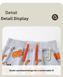 Detail of kids grey joggers with elastic waistband, orange drawstring, and dinosaur print