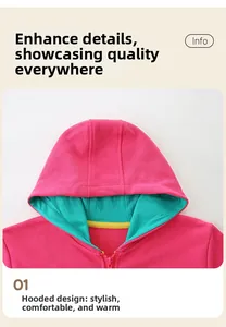 Detail of pink hoodie featuring a green hood lining and yellow neck tape trim
