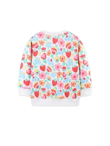 Girl's white cotton sweatshirt with red strawberry and floral print and ribbed cuffs