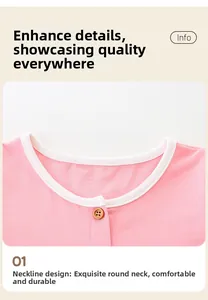 Detail of pink knitted girl dress with white piping crew neck and wooden button