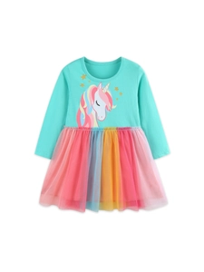 Robe princesse licorne à manches longues pour fille avec jupe en tulle arc-en-ciel