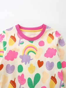 Girls long sleeve floral cartoon print dress with pink ribbed crew neck on white background
