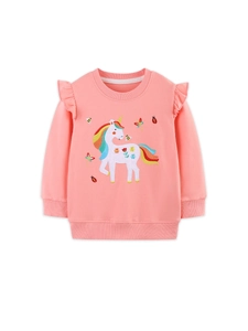 Mädchen Rosa Baumwolle Langarm Sweatshirt Einhorn Blumen Stickerei Volant Ärmel Pullover Herbst Lässig Kinder Sweatshirt