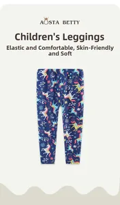 Vue détaillée de la taille élastique et motifs de licornes sur leggings bleu marine