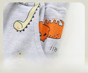 Close-up of side pocket and cartoon dinosaur print on grey knit joggers for boys