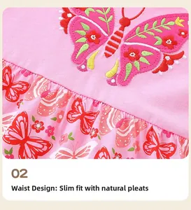 Close-up of pink knit girl's dress featuring butterfly embroidery and pleated waist detail