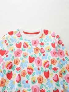 Girls strawberry and floral print sweatshirt with ribbed crew neck and soft cotton fabric