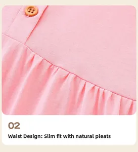 Macro shot of pink knit dress detailing wooden buttons and pleated slim waist design