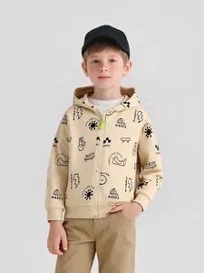 Kids Boys Hooded Jacket Zip Up Hoodie Graffiti Printed Cotton Blend Autumn Streetwear Casual Long Sleeve Outerwear Coat