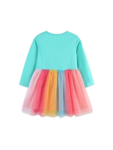Robe princesse fille manches longues avec haut turquoise et jupe en tulle arc-en-ciel