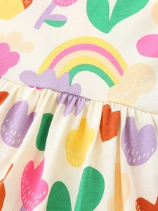 Girls' cotton summer dress featuring colorful rainbow and heart cartoon patterns with pleats