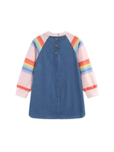 Girls denim dress with rainbow striped sleeves and pink ribbed crew neck on white background