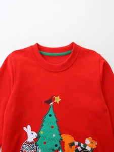 Sweat-shirt rouge pour filles avec broderie sapin de Noël et animaux en vue à plat