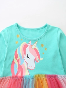 Robe licorne à manches longues vert menthe avec jupe en tulle arc-en-ciel pour fille