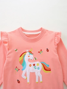 Rosa Mädchen-Sweatshirt aus Baumwolle mit Einhorn-Stickerei und Rüschenschultern