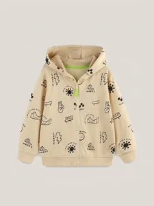 Kids cotton zip-up hoodie with graffiti skate prints and bright green lining details