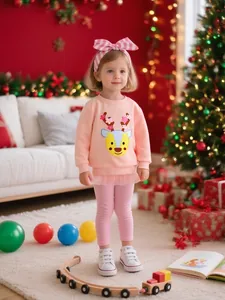 Robe Sweat Rose Imprimé Renne de Noël pour Petites Filles Tutu en Maille Manches Longues Pull en Coton Automne
