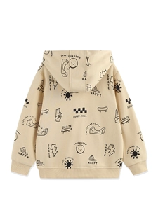 Kids beige zip-up hoodie with street graffiti print and ribbed cuffs in soft cotton