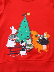 Sweatshirt rouge de Noël pour fille avec broderie festive d'animaux et sapin
