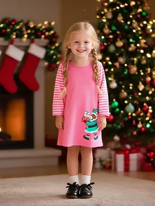 Vestito a Maniche Lunghe di Natale per Bambine Rosa a Righe Cotone Ricamo Coniglietto Carino Bambini Abito da Principessa Autunno