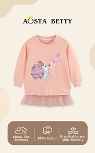 Detail of pink cotton girl sweatshirt with hedgehog embroidery and mesh skirt hem