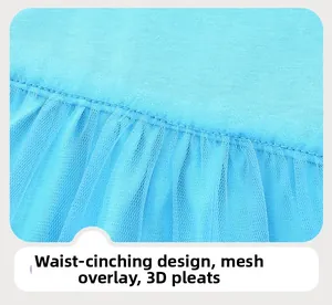 Detail of blue girl dress showing waistline design with tulle splicing and 3D pleats