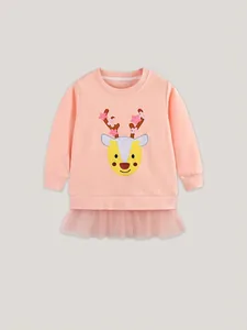 Robe pull rose de Noël pour filles avec broderie cerf et jupe en tulle vaporeux