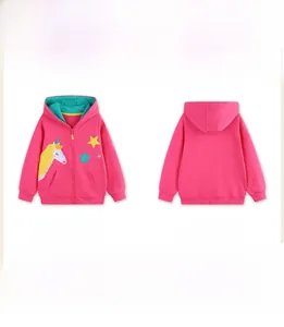 Detail of girls' unicorn zip hoodie featuring colorful embroidery and contrast lining