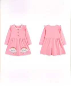 Detailed front and back view of girls' pink knit dress with rainbow cloud embroidery