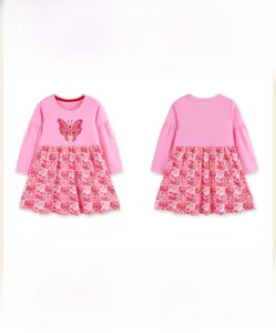 Front and back view of pink long sleeve girl's dress with butterfly embroidery and floral skirt