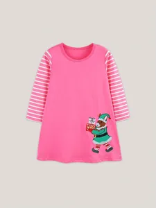 Abito principessa da bambina a maniche lunghe con strisce rosa e ricamo coniglietto
