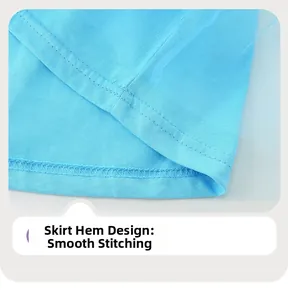 Detail of blue girl's dress hemline featuring smooth stitching and fine fabric texture