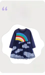 Detail of dark blue girls' mesh dress featuring colorful rainbow and cloud prints