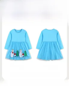 Front and back detail of blue girls Christmas tulle dress with snowman and tree embroidery