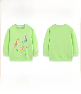 Detail of light green kids sweatshirt featuring floral fairy embroidery and ribbed cuffs