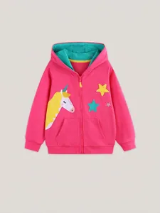 Girls Hooded Jacket Cotton Blend Zipper Hoodie Unicorn Applique Patchwork Outerwear For Kids Autumn Casual Sweatshirt