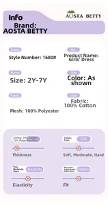 Sizing chart and fabric details for girls' tulle dress featuring cotton and polyester blend