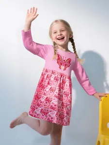 Girls Pink Cotton Long Sleeve Dress Butterfly Embroidery Sweet Floral Print Round Neck Autumn Princess Dress For Kids