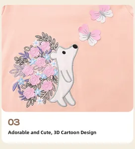 Detail of pink toddler sweater featuring bear embroidery and 3D bow accents