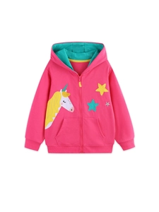 Girls unicorn hoodie with zipper and star patch in vibrant pink and blue