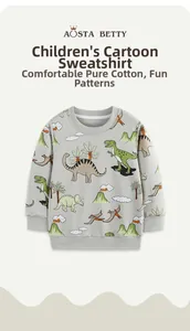 Close-up of cotton boys sweatshirt showing colorful cartoon dinosaur print and crew neck