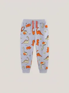 Light gray kids joggers with cartoon dinosaur prints and bright orange drawstrings