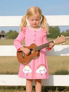 Girls Pink Long Sleeve Cotton Princess Dress With Rainbow Cloud Embroidery Ruffle Trim For Toddler Kids Autumn Clothing