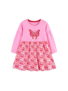 Pink long sleeve girls dress with butterfly embroidery and floral print skirt