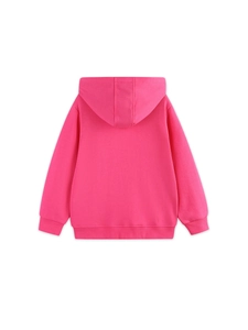 Rose pink hooded sweatshirt for girls featuring ribbed cuffs and back view on white background