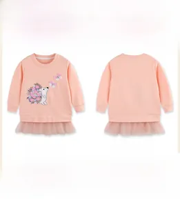 Detail view showing front and back of pink toddler dress with hedgehog embroidery and mesh hem