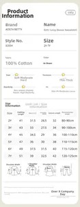 Detailed size chart and washing instructions for girls cotton embroidered sweatshirt